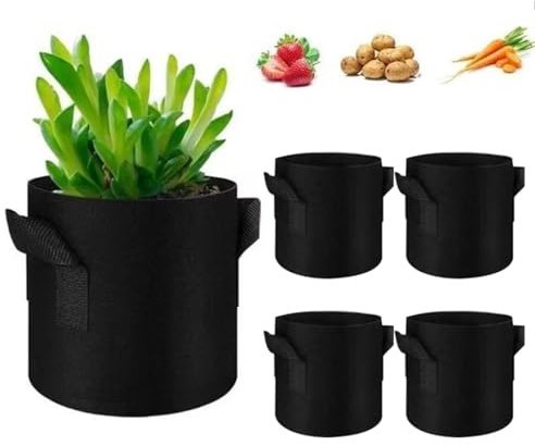 YUEcthynous Pflanzsack,5 Stück Pflanztasche aus Vliesstoff Pflanztöpfen, Pflanzenbehälter mit Griffe für Tomaten, Blumen, Pflanzen und mehr, Schwarz - 5 Gallonen (Balck)