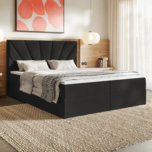 MOTIVENA Aspen Boxspringbett 180x200 mit Bettkasten und Topper, Polsterbett 180x200 mit Bettkasten, Bonellfederkern-Matratze (H4), T28 Komfortschaumstoff Topper (H3), Samt, Schwarz