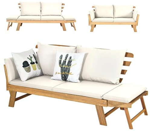 COSTWAY 3 en 1 Banco Jardin 2 Plazas, Madera Acacia, Sofa Cama de Jardín, Reposabrazos Abatibles, 2 Almohadas Lavables, Sofa Tumbona Terraza Exterior Interior, 198/175x75x75cm, Máx 320 kg (Blanco)
