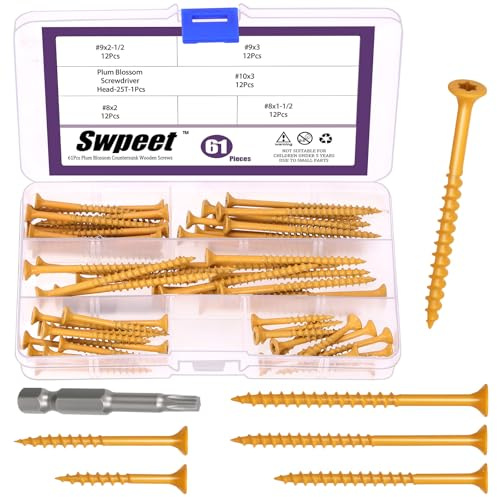 Swpeet 61pcs 5 Tamaños Khaki Deck Tornillos con T25 Star Bit Surtido Kit, T25 Star Torx Drive Tornillos de cabeza plana resistentes a la corrosión, tornillo exterior revestido de cerámica para
