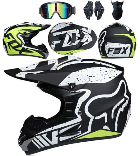 SMTSEC Casque De Moto pour Jeunes Casque De Motocross Adultes Enfants Casques De Cross Casque De Moto Enduro Casque VTT Intégral Certifié Dot avec Lunettes Masque Gants Casque De Descente,Black/A-L