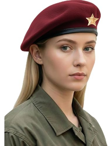 Sivi Kappe im traditionellen Armeestil mit Metall-Sternabzeichen, inspiriert von Che Guevara, französische Baskenmütze aus Wolle für Damen und Herren, Kastanienbraun, Einheitsgröße-M
