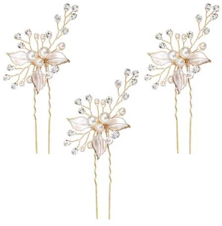 YUZNA 3PCS Eleganter Braut Haarschmuck Hochzeit Haarspange/Haarclip/Haarnadeln/Haarkamm/Kopfschmuck mit Perlen Strass Kristall für Damen Mädchen Blumen Brautschmuck Haare (Gold)