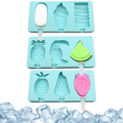 3 Stück Eisformen Silikon für Eis am Stiel - DIY Wassereis Formen mit Deckel & Stielen - Obst Motive Ananas, eisformen eis am stiel, BPA-freie Eis Formen für Stieleis & Fruchteis Selber Machen