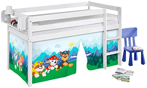 Lilokids Hochbett JELLE 90×200 cm | 90x190 cm – Kinderbett & Spielbett aus Massivholz (Kiefer) inkl. Lattenrost – Verschiedene Markenmotive (Paw Patrol blau, 90 x 200 cm)