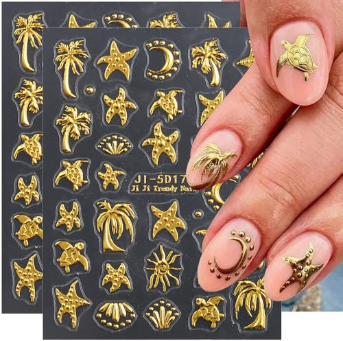 Golden Meeresschildkröte Kokosnussbaum Seestern Nagelsticker Sommer Tropischer Ozean Meer Strand Nagelaufkleber 5D Geprägte Relief Mond Sonne Schildkröte Palme Nail Sticker Nageldesign Nagel Zubehör