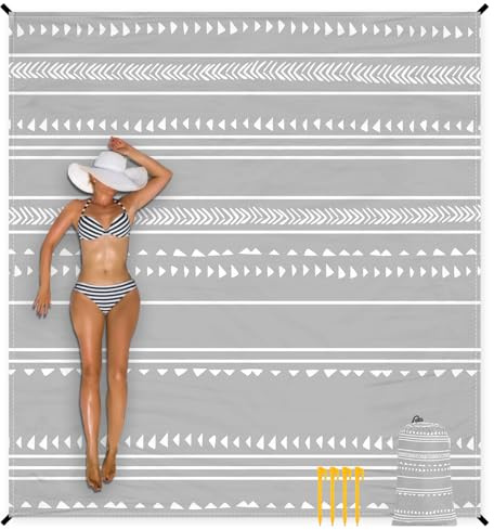 Extra Large 110''×118'' Beach Blanket for 8 Adults, Outdoor Beach Mat Sand Free Waterproof with 4 Stakes & 4 Corner Pockets, Polyester Lightweight Foldable Grey Picnic Mat for Travel, Camping, Hiking