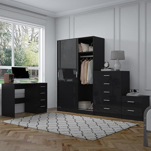 Reflect 2 Door Sliding Wardrobe, 5 Drawer Tallboy Chest, 2 Drawer Bedside Table & Desk/Dressing Table | Black Gloss & Black Oak Finish | Modern Bedroom Furniture Set