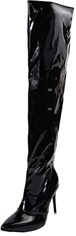 2026 - Botas de nieve para mujer, de piel brillante, con cremallera lateral, tacón alto fino sobre la rodilla, Black, 39.5 EU