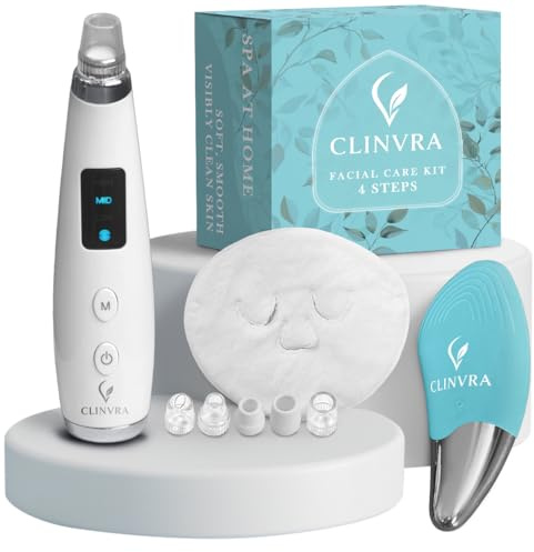 CLINVRA Kit Pulizia Viso 4 Passi: Aspiratore Punti Neri con 5 Ugelli e 3 Livelli + Spazzola Viso Elettrica + Asciugamano-Maschera Caldo/Freddo – Rimozione Punti Neri e Pulizia Pori a Casa