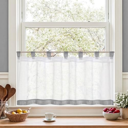 TOPICK Scheibengardinen Küche Bistrogadine modern 1Stück H45xB145 Weiß Grau | Scheibengardinen mit Schlaufen Kurzstores Bistrogardine Küchengardinen Gardinen Landhausstil lichtdurchlässig Fenstergardinen