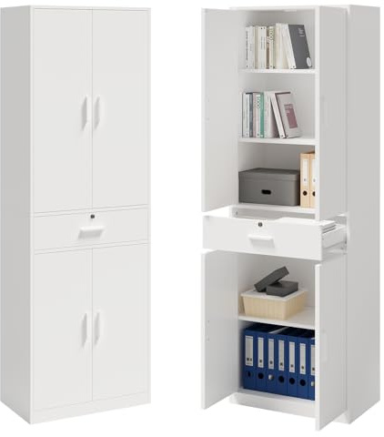ELUCHANG Mehrzweckschrank Büroschrank，Aktenschrank，Schrank mit Schublade Türen，Kleiderschrank Küchenschrank Hochschrank, 60x180x34 cm, weiß