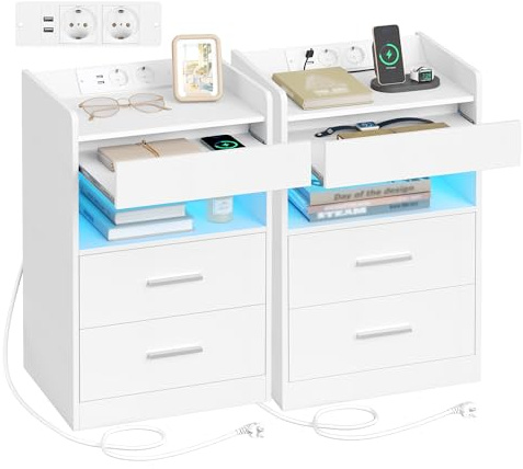 Hzuaneri Comodino Set di 2, Comodini Camera da Letto con Luce LED e Stazione di Ricarica, 2 Cassetti, Tavolino con vassoio, 35 x 40 x 60 cm, Soggiorno, Bianco NS33603XEU