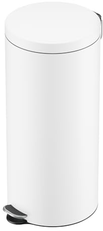 Hailo Selekta Tretmülleimer Soft Close mit Inneneimer, 30 Liter, Weiß | Runder Mülleimer aus Stahlblech, Design-Fußpedal, für Bad und Küche
