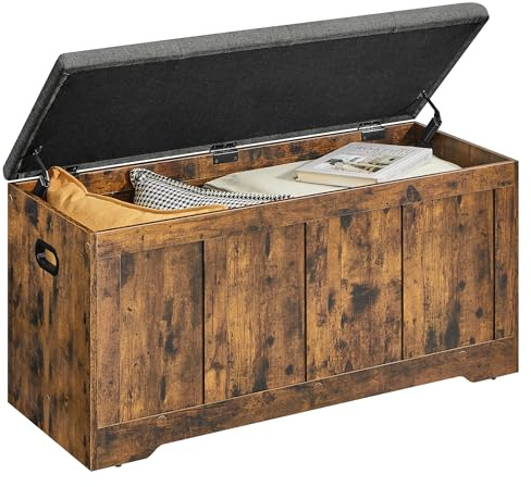 VASAGLE Storage Chest with Lid, 2 Safety Hinges, Farmhouse Shoe Storage Bench, for Hallway, Bedroom, Living Room, 41 x 101 x 49 cm, Rustic Brown and Slate Grey LSB068K102