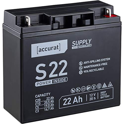 Accurat Supply AGM Solarbatterie S22-12V, 22Ah, 30% mehr Kapazität, zyklenfest- VRLA Versorgungsbatterie, Aufbaubatterie Wohnmobil, Wohnwagen Batterie, Bootsbatterie, Bleiakku für Camping