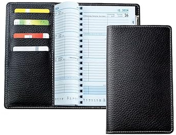 DELMON VARONE - Personalisierbarer Taschenkalender 2026 + 2027 Soft Grain Leder schwarz - Organizer Wochenplaner (1 Woche auf 2 Seiten) Lederhülle - Buch-Kalender mit Wochenübersicht & Spiralbindung