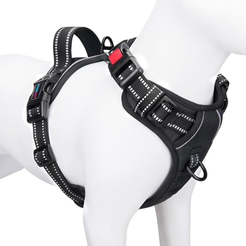 PHOEPET Harnais Anti-Traction réfléchissant et réglable, avec poignée, 2 Anneaux en métal et 3 Boucles, Facile à Mettre et à enlever, pour Petit Chien, Taille S, Noir