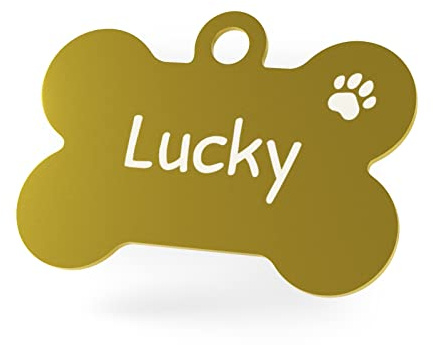 ENGRAVO Hundemarke Knochen in Gold 38mm mit Deiner persönlichen Gravur und 2 gratis Schlüsselringe
