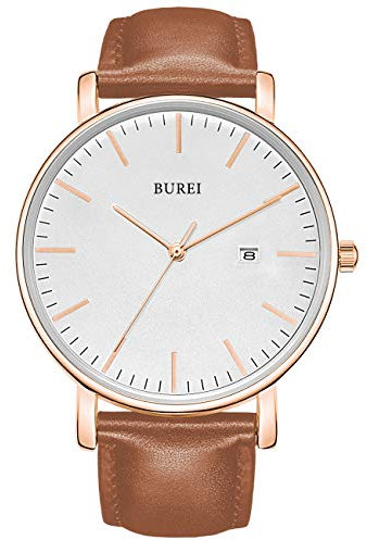 BUREI Ultra Dünne Uhren Herren Analoges Datum Armbanduhr Herren mit Japanisches Quarzwerk, Geschenke für Männer (braunes roségold, Leder)