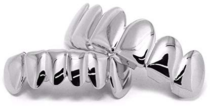 SHOP-STORY - Hip Hop Grillz Zahnset - Ober- und Unterteil - Universalgröße - Einfache Anbringung - Silber, 2 Piece set, Metall