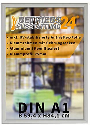 Betriebsausstattung24 Plakatrahmen mit Klemmrahmen - Alu Klapprahmen - 25mm Aluminium Profil - inkl. entspiegelter Schutzfolie Ecken auf Gehrung, DIN A1 HxB 84,1x59,4 cm