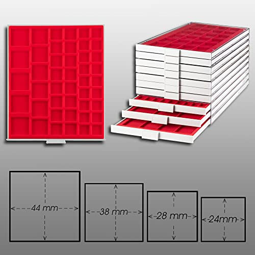 Prophila Münzbox grau 45 eckige Fächer gemischt 4 Verschiedene Größen, rote Einlage