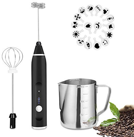 FITNATE Elektrischer Milchaufschäumer Stab, USB electric Milk Coffee frother, mit 3 Stufen, 2 Edelstahl Schneebesen und Kanne für Kaffee, heiße Schokolade, Latte, Cappuccino,12V aufladbar
