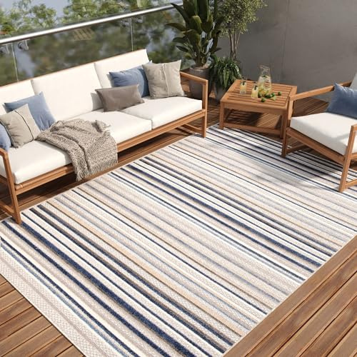 TAPISO Patio Teppich Outdoor Indoor Grau Mehrfarbig Linien 140 x 200 cm | strapazierfähiger Teppich UV-beständig Flachgewebe Sisaloptik Robust Wetterfest Terrasse Wintergarten Balkon OEKO-TEX