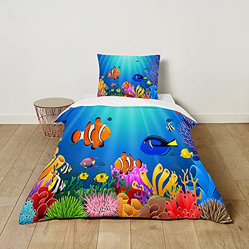 Surwin Kinderbettwäsche Set mit 3D Meereslebewesen Drucken und Reißverschluss, Baby Bettwäsche Set mit Mikrofaser Bettbezug und Kissenbezug für Kids Mädchen Jungen (Clownfisch,135x200cm+80x80cm)