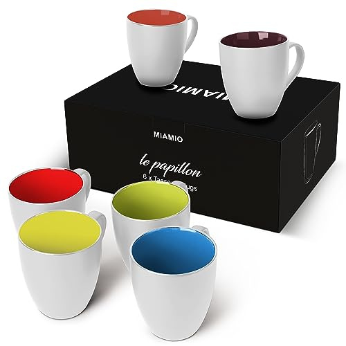 MIAMIO - Set med 6 Kaffemuggar 350 ml – Moderna Kaffekoppar i Keramik Vit Flerfärgad – Stora Muggar för Kaffe, Te och Cappuccino – Tål Diskmaskin och Mikrovågsugn
