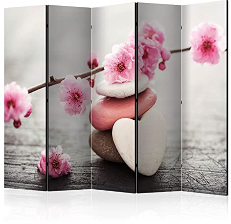 murando Biombo Flor de Cerezo 225x172 cm de Impresion Bilateral en el Lienzo de TNT Decoracion Foto Biombo de Madera con Imagen Impresa Home Office Separador Flores Zen SPA Piedras b-B-0557-z-c