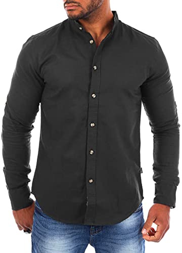 Carisma Herren Leinen Baumwoll Mix Stehkragen Hemd Langarm Regular fit 8389, Grösse:L, Farbe:Schwarz