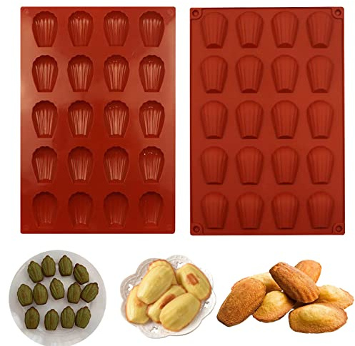 HYCSC 20 Cavity Madeleine Pan, 2Pcs Nonstick Silicone Madeleine Molds, Shell Shape Baking Cake Mold Pan (Brick Red)
