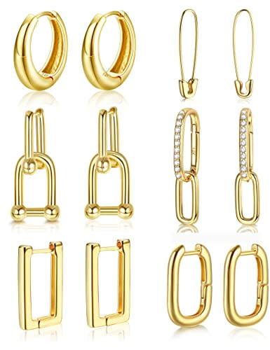 MILACOLATO Ohrringe Damen 6Paris Gold Huggie Creolen 14 Karat vergoldete Gliederohrringe Büroklammer Gliederkettenohrringe U-Form Pin Creolen Drop Dangle Ohrringe Set Für Frauen