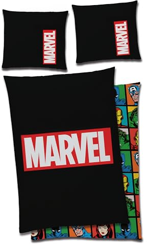 Marvel Bettwäsche Logo 135x200 + 80x80 cm 100% Baumwolle Linon/Renforcé Bettzeug Bettbezug MCU Comics Iron Man Hulk Thor Captain America Spider Man schwarz Reißverschluss
