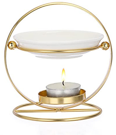 TOLIDA Quemador de Aceites Esenciales y Cera Fundida Metal+Cerámica Con Vela Oro Base para Incienso Cuenco Difusor para Yoga Hogar Dormitorio