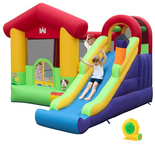 Maxmass Inflatable Bouncy Castle, Kids Jumping House with Air Blower, Slide, Climbing Wall, Basketball Hoop & 50 Ocean Balls, Blowup Bouncer Playhouse for Indoor & Outdoor (5-in-1)