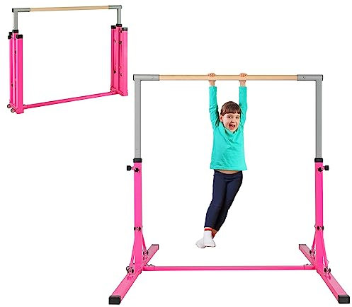 COSTWAY Barre de Gymnastique Pliable pour Enfants avec 13 Hauteurs Réglables (90-150cm), Barre d'Entraînement Junior Extensible avec Structure Triangulaire, Charge 100kg pour Maison Salle de Gym(Rose)