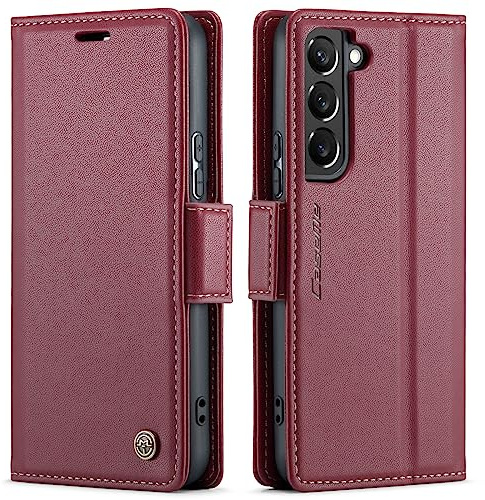 QLTYPRI Plånboksfodral för Samsung Galaxy S22, premium PU-läder magnetiskt flipfolio-fodral med RFID-blockerande kreditkortsfack ställ stöttåligt skyddande telefonfodral för Samsung S22 – vinröd