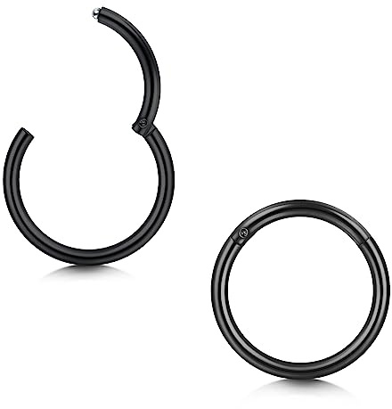 Longita 2 Stück Nasenpiercing Ring Schwarz 1.2mm 16G - 316L Edelstahl Clicker 9mm Nasenring - Nahtlose Präsenz Piercing für Septum Helix Tragus Conch Lippe Knorpel Segmentring Set Damen Herren