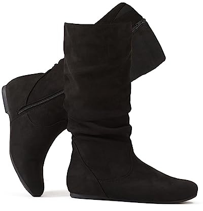 katliu Women's Slouchy Mid Calf Boots Zip up Flat Boots Faux Suede Black 8
