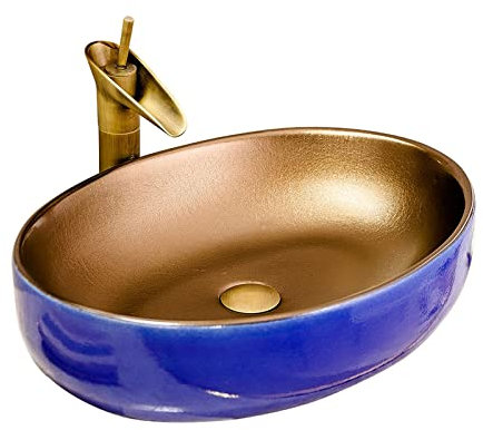 Badezimmer-Waschbecken aus Keramik über der Theke, ovales Badezimmer-Waschbecken, 21,6 LX 15,7 WX 5,5 H, künstlerisches Porzellan-Keramik-Waschbecken, Waschschüssel, Badezimmer-Waschbecken (Bianco