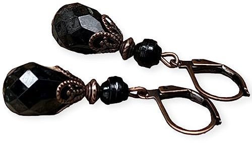 Vintage Ohrringe mit böhmischen Tropfen Glasperlen - schwarz travertin & kupfer