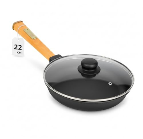 Gusseisenpfanne mit Glasdeckel 22 cm mit Holzgriff abschraubbar Pfanne Gusseisen Bratpfanne Steakpfannen Cast Iron Pan Feuerpfanne für Gasgrill, Backofen, Feuerstelle alle Herdarten inkl. Induktion