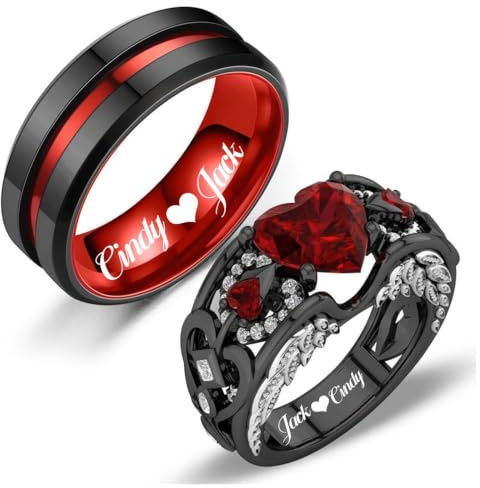 RHANY Personalized Couple Rings Set Black Promise Rings for Him and Her Customizable engagement rings for couples set red Couple Custom Wedding Rings Set Blue and Purple,Size 5-13