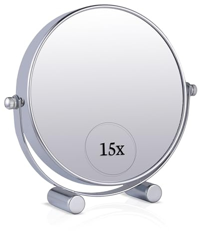 Mirrorvana 15X Vergrößerung Kosmetikspiegel mit Ständer - Doppelseitiger Schminkspiegel, 15fach und 1fach Vergrößerungsspiegel fürs Bad, 17cm x 15cm (Chrom)