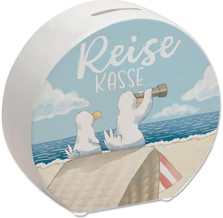 Möwen Spardose mit Spruch Reisekasse Stranderlebnisse Sichern - Meer Norden Urlaub im Koffer Maritim