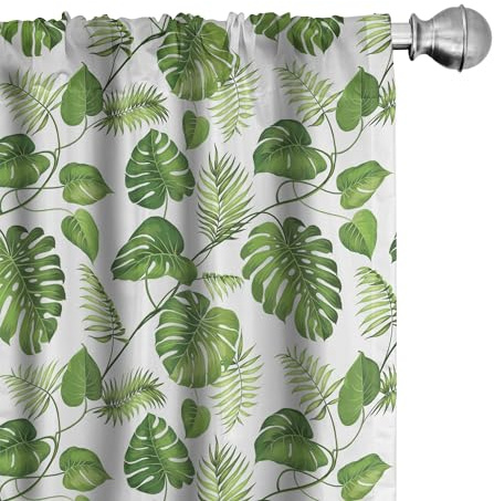 ABAKUHAUS Blätter Vorhänge 2er-Pack, Monstera und Farn Laub Komposition mit Reben Hawaii Tropical Sommer Natur, Vorhang für Wohnzimmer Schlafzimmer, 4 Stück 75 cm x 225 cm, Grün Hellgrün Weiß
