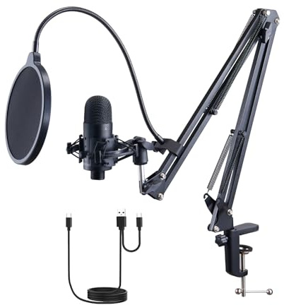 VEVOR USB Microphone, 192kHz/24-bit, Professional Condenser Microphone Kit, with Boom Arm Stand Pop Filter Shock Mount Mute Button Headphones Jack, for Podcast Recording Video Gaming Singing Streaming